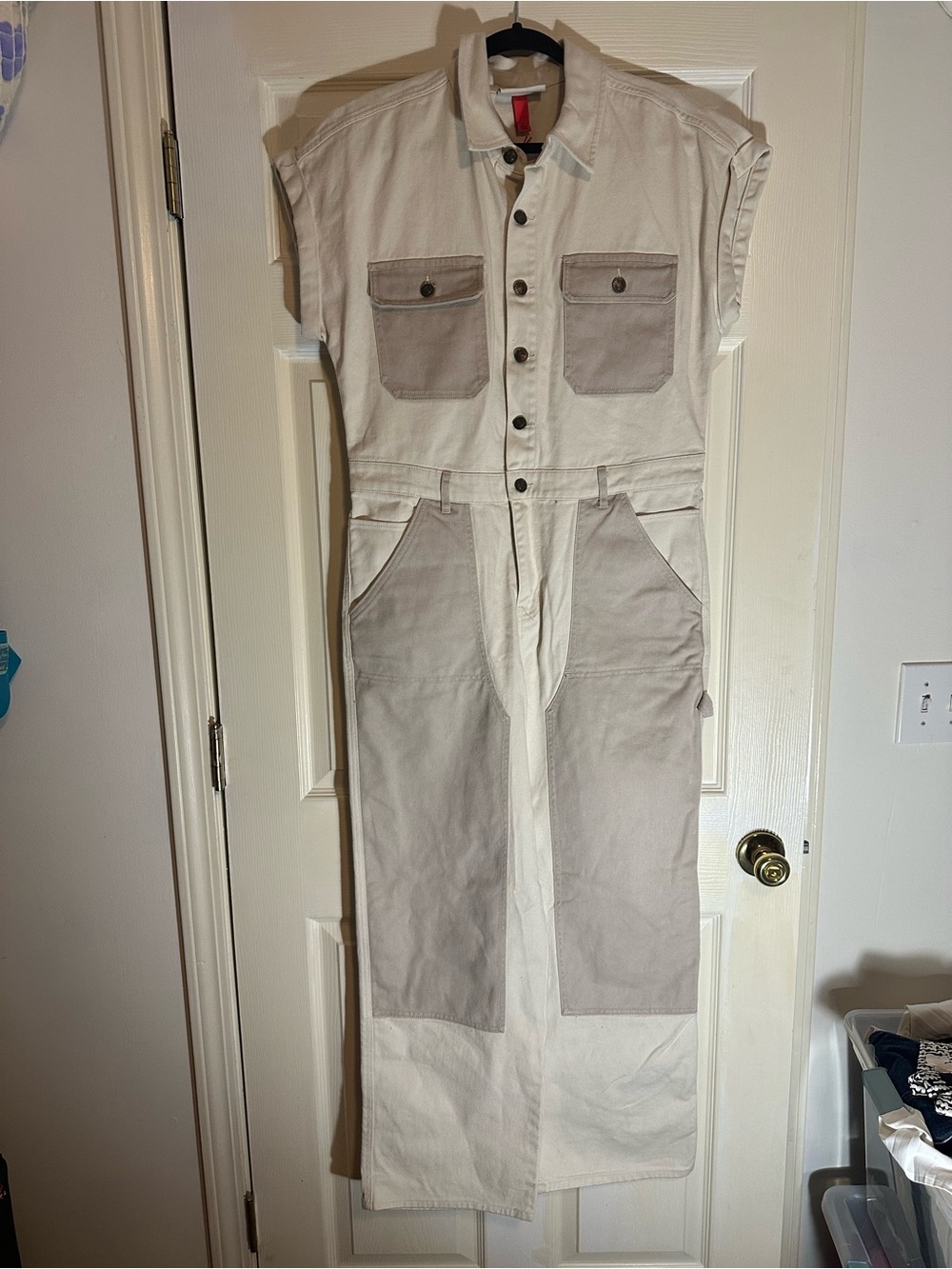 Woolrich Two-Tone Cream and Tan Sleeveless Utility Jumpsuit